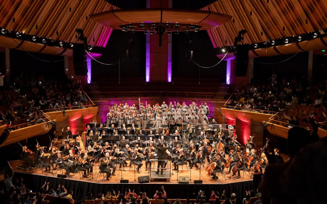 Signature Choir and the New Zealand Symphony Orchestra perform Mana Moana at the Michael Fowler Centre, Wellington. 1 December 2022.