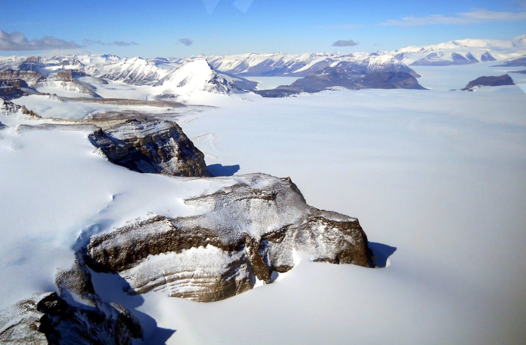 Ice from East Antarctica flowing through the Transantarctic Mountains. 16 million years ago this region would have been ice-free and covered in tundra vegetation.