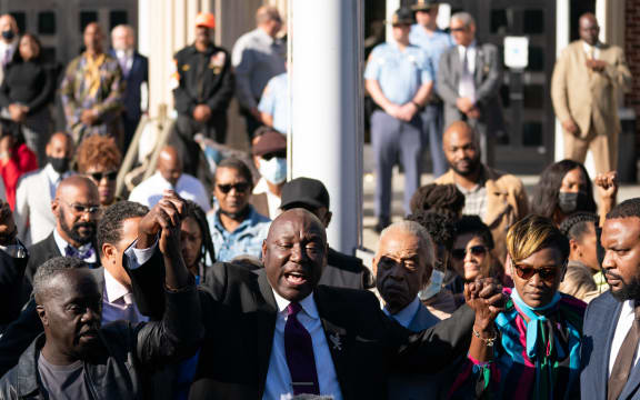 Marcus Arbery, father of Ahmaud Arbery, attorney Ben Crump, Rev. Al Sharpton, Wanda Cooper-Jones, mother of address members of the media following guilty verdicts for the defendants in the trial of the killers of Ahmaud Arbery on November 24, 2021