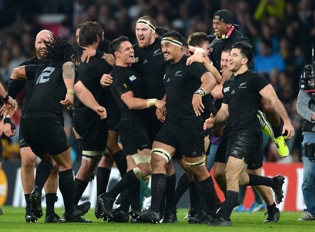 Dan Carter of New Zealand celebrates at the final whistle of the Rugby World Cup 2015.