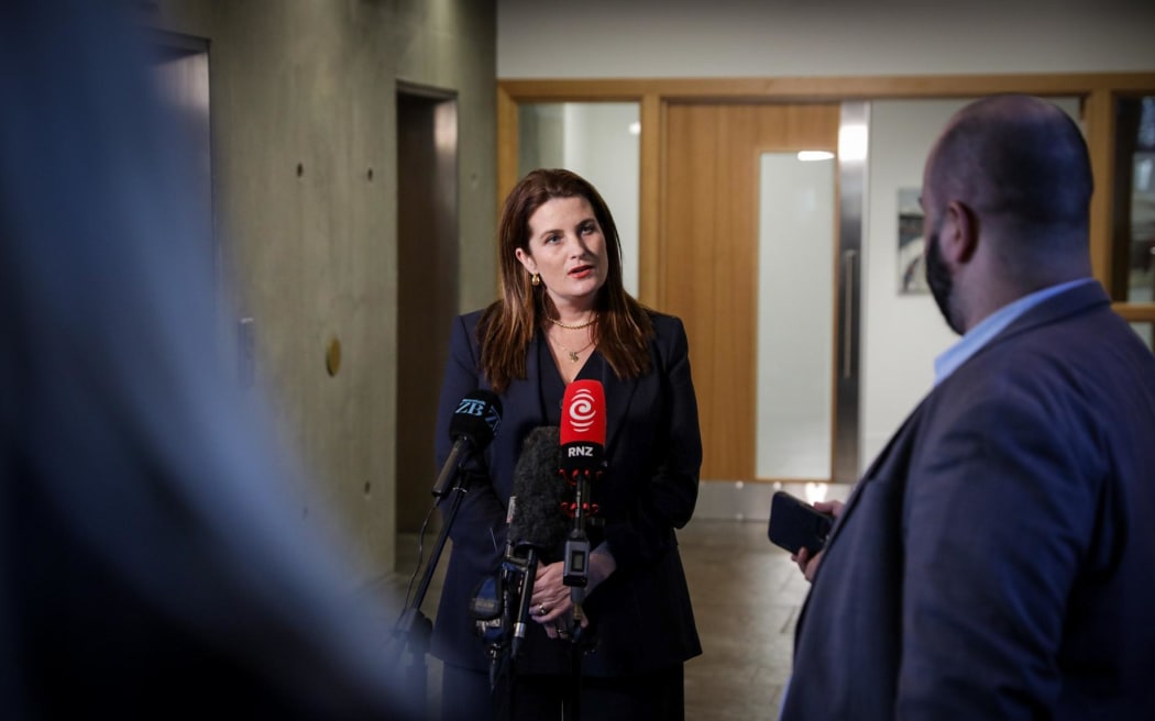Nicola Willis holds a media stand up following a speech to Canterbury Business.