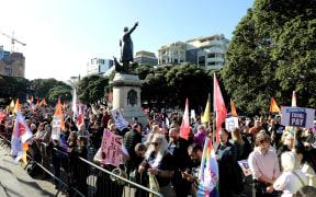 Budget Day 2025 - pay equity protestors voice their opinions outside Parliament