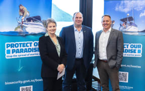 Councillor Barbara Faulls, Minister Hoggard and Port Marlborough chief executive Rhys Welbourn.