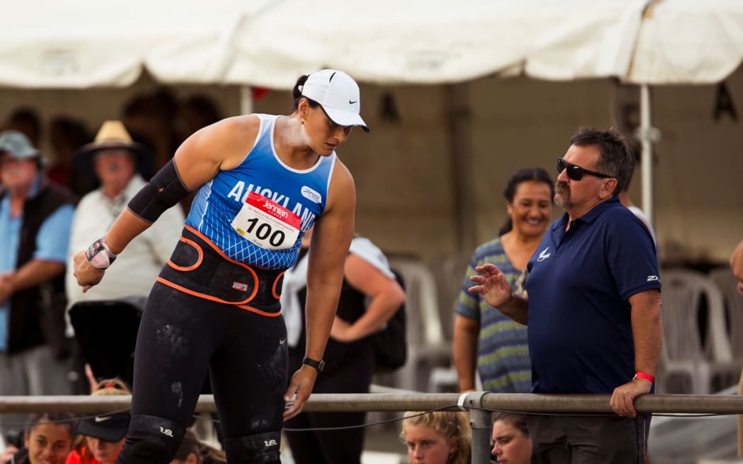 Dame Valerie Adams and coach Scott Goodman in action at the New Zealand Track and Field Champs.