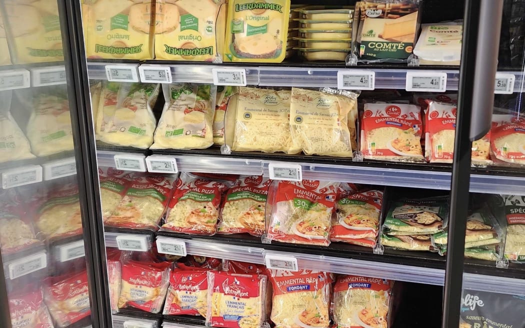 Cheeses in supermarket in Paris.