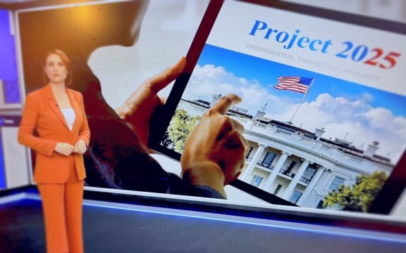 ThreeNews host Sam Hayes highlighting the conservative 'Project 2025' manifesto.