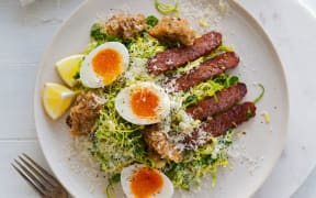 Brussel sprout caesar salad with tempeh bacon