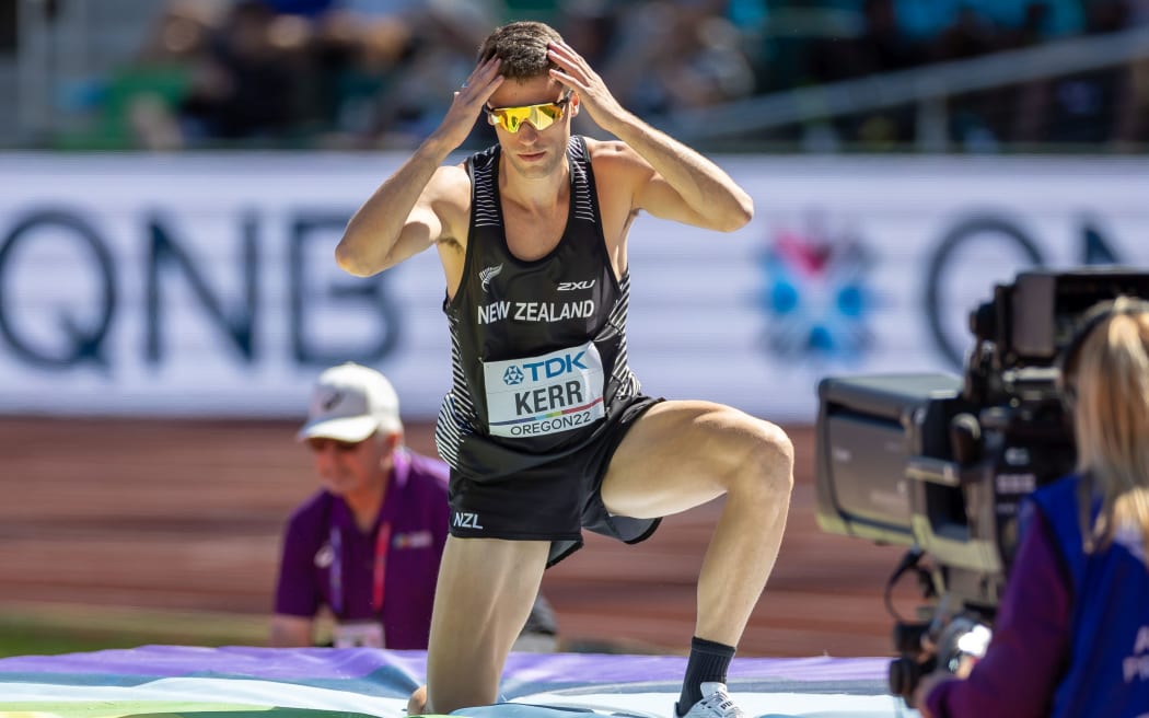 New Zealand's Hamish Kerr fails at a high jump height at the 2022 World Athletics Championships, Oregon, USA.