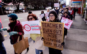 Secondary School teachers protest down Wellington's CBD to Grant Robertson's office.