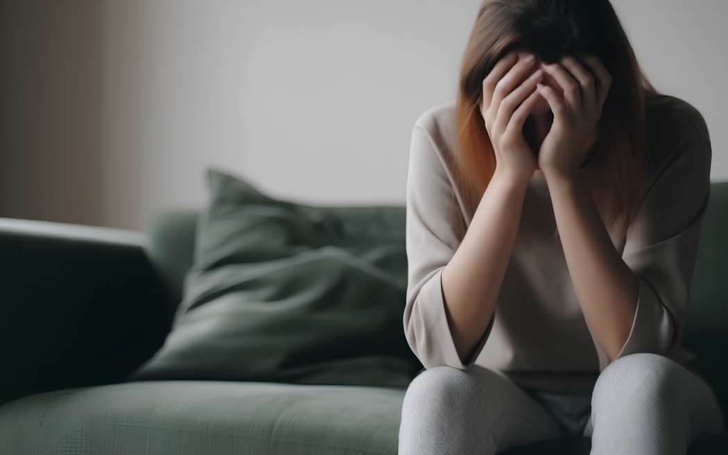 Depressed young woman sitting on sofa in the living room at home