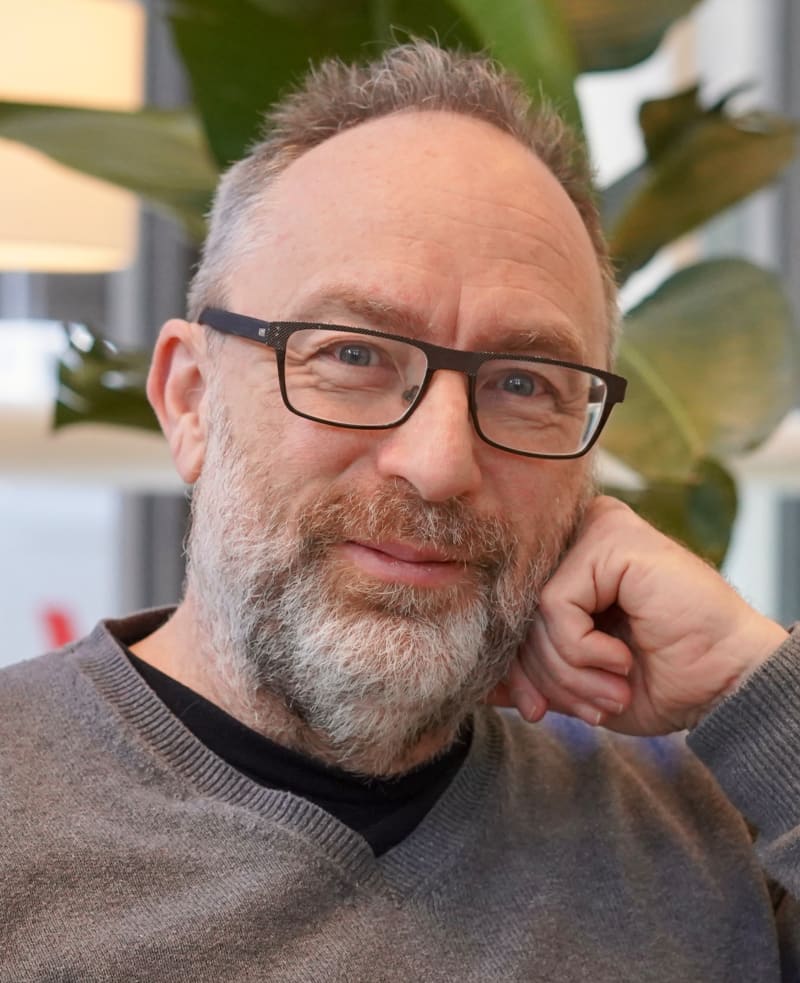 Jimmy Wales is a smiling bespectacled and bearded man in a grey sweater.