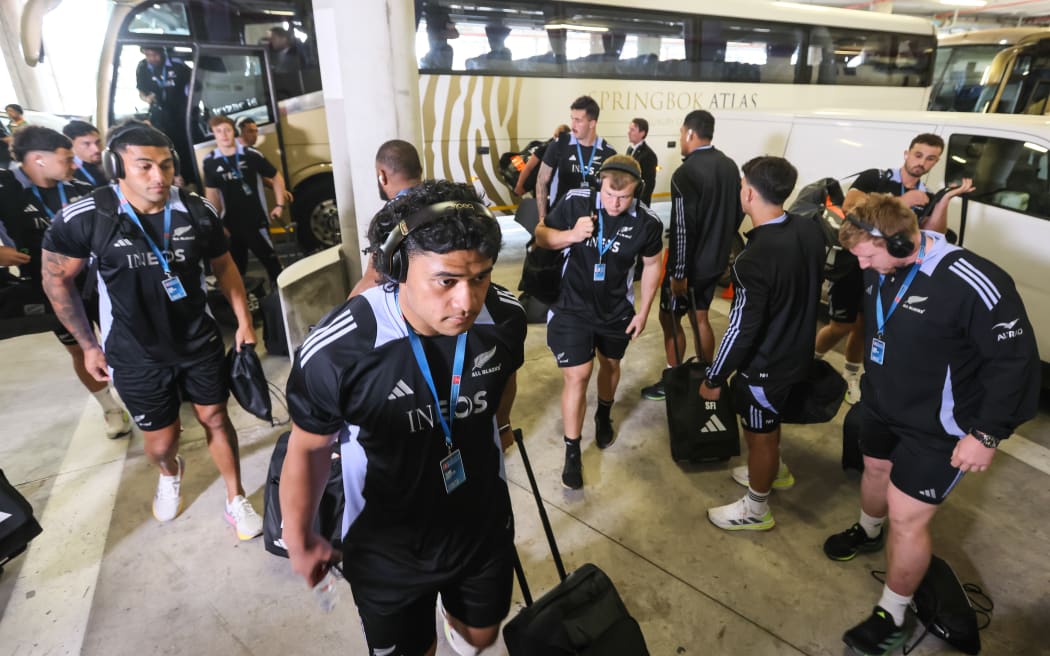 Wallace Sititi of the All Blacks arrives for the All Blacks v South Africa Lipovitan-D Rugby Championship, DHL Stadium, Cape Town.