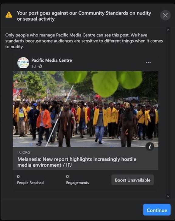 The Facebook “warning” over the blocked West Papua news item.
