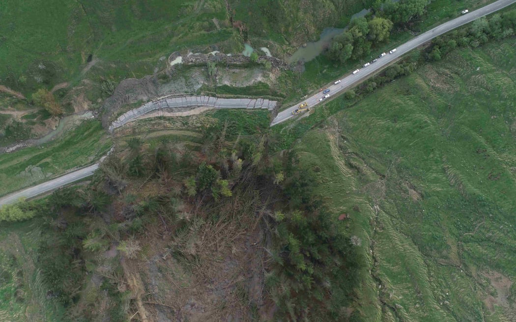 Gisborne council estimated 25,000m3 of hillside above the road had come down and shunted about 100m of the road downhill, damming the Waikoko Stream.