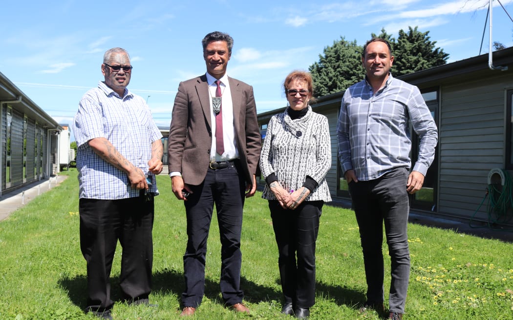 Ngāti Kahungunu deputy chair JB Heperi-Smith, Ngāti Kahungunu chair Bayden Barber, Choices Kahungunu Health Services chief executive and midwife Jean Te Huia and K3 Kahungunu Property chief executive Aayden Clarke at the Fruitpackers Lodge site in Hastings.