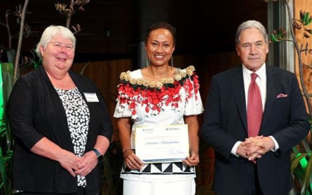 Dr Sainimere Boladuadua (centre) at the Fulbright awards ceremony with the United States Consul General Sarah Nelson, and Minister of Foreign Affairs and Honorary Chair of Fulbright NZ, Rt Hon Winston Peters. Photo/Ōtago University