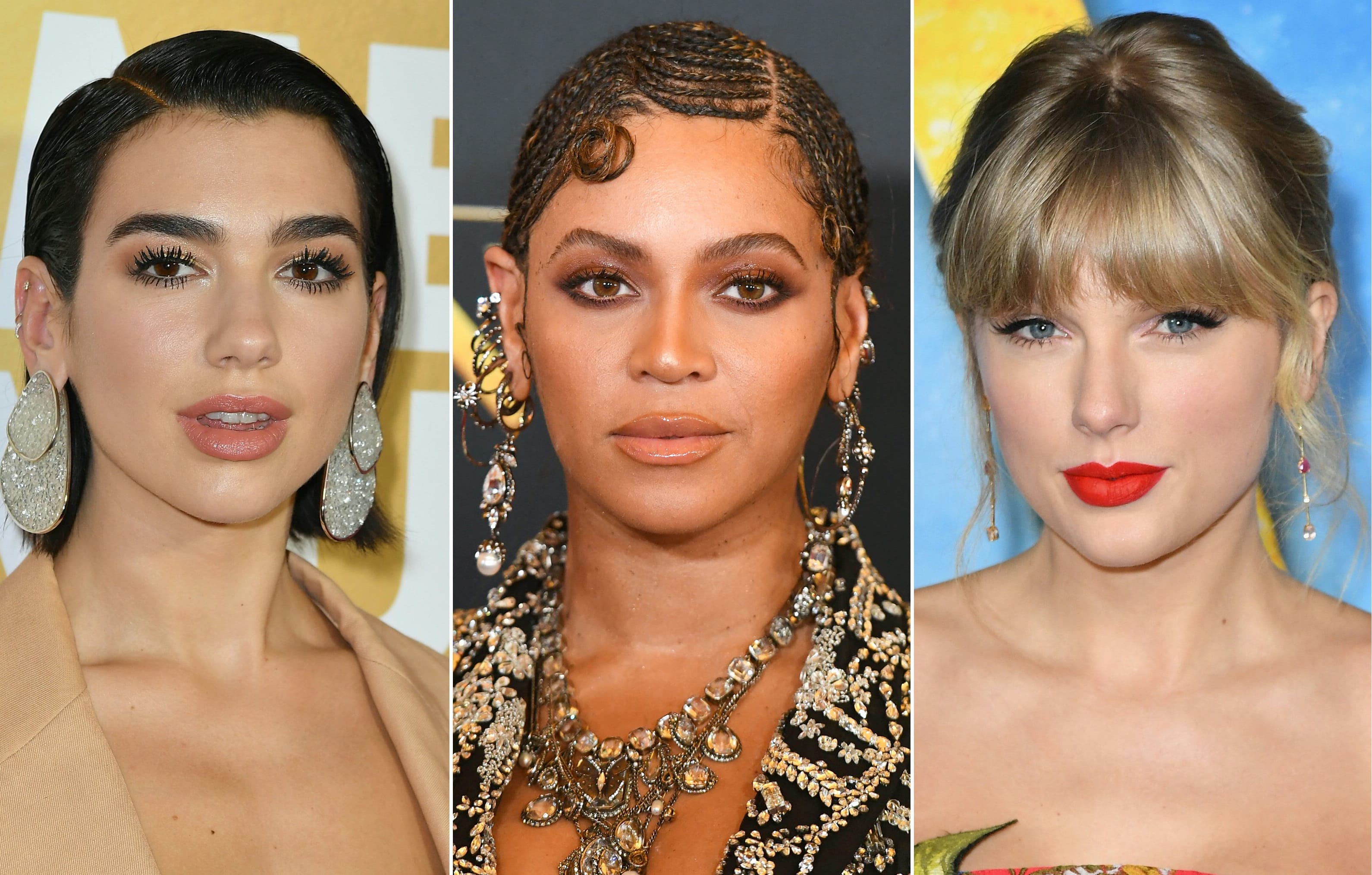 File pictures of, from left, Dua Lipa, Beyonce and Taylor Swift.