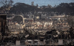 Charred remains of a burned neighbourhood is seen in the aftermath of a wildfire, in Lahaina, western Maui, Hawaii on 14 August, 2023.