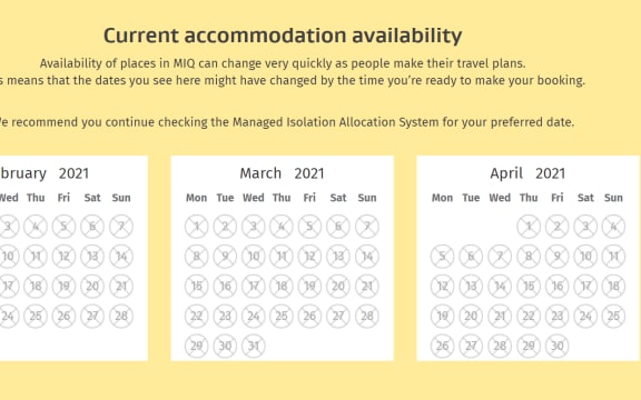 Every spot in managed isolation and quarantine is booked out until the end of May, and no dates beyond then have been released