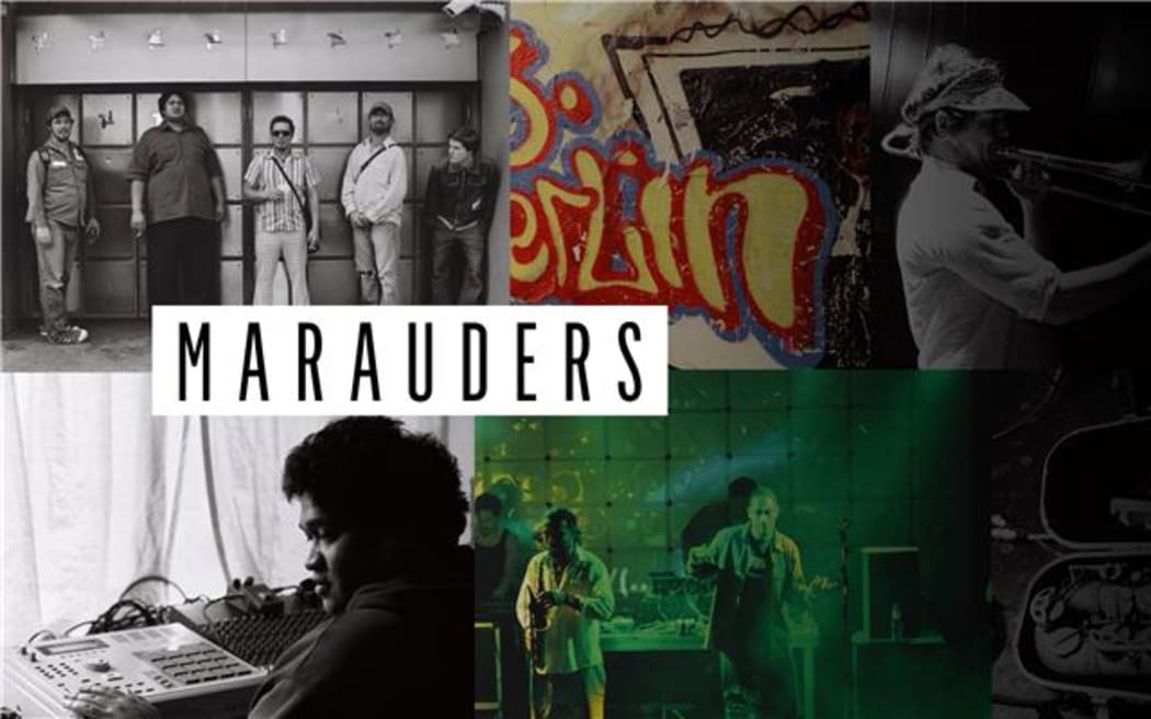 A collage of six photographs of Fat Freddy's Drop members in the early 2000s, fading to black towards the right-hand side. Towards the left, in the middle of the image, the black-on-white text reads: "Marauders."