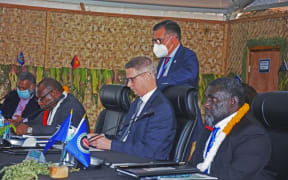 (seated L to R without masks)Papua New Guinea PM, James Marape, acting United Nations Resident Coordinator, Dirk Wagener and Bougainville President, Ishmael Toroama during July’s JSB meeting in Wabag, Enga.