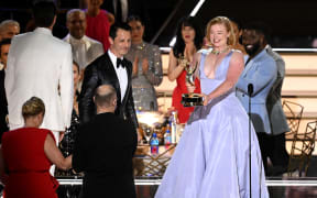 Australian actress Sarah Snook holds the Emmy statue after Succession won the award for Outstanding Drama Series during the 74th Emmy Awards at the Microsoft Theater in Los Angeles, California, on 12  September 2022.
