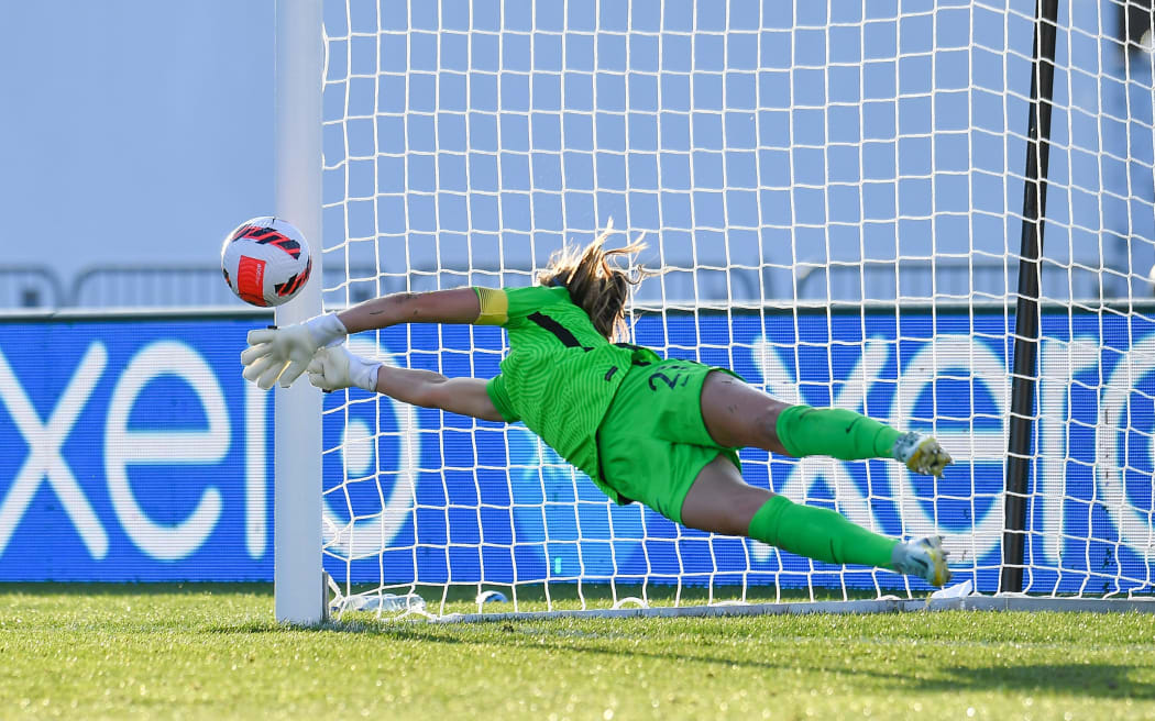 Victoria Esson of Football Ferns saves a penalty shot against South Korea, Christchurch, 2022.