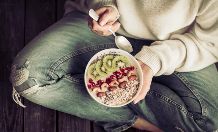 healthy breakfast at the girl in hands, concept of healthy food.