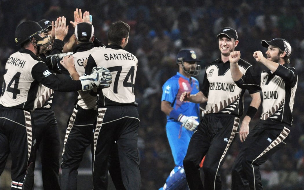 The Black Caps celebrate a wicket in their win over India at the T20 World Cup.