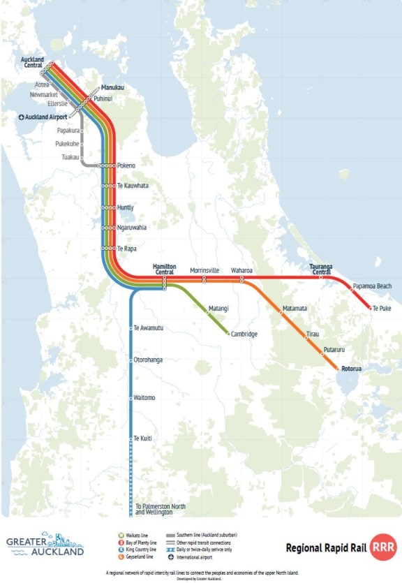 The plan for the final stage of the project, which would see rapid rail transport linking Auckland to Tauranga, Rotorua, Cambridge, Hamilton and Te Kuiti.
