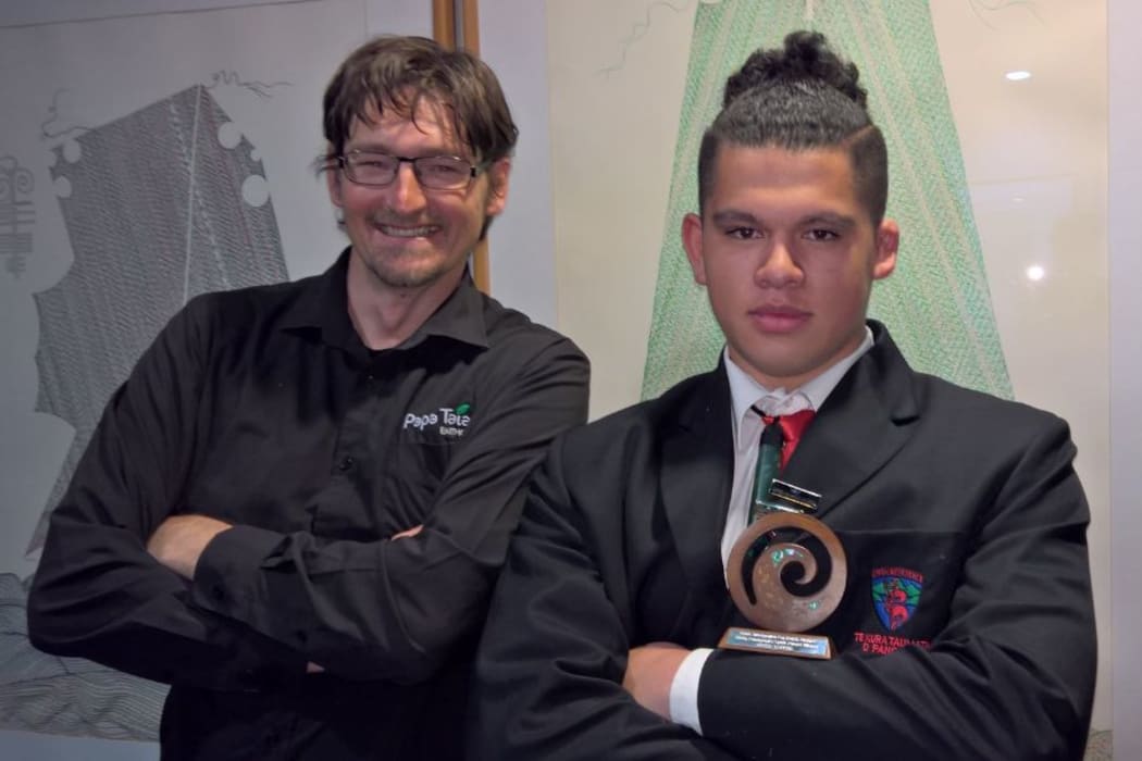 Scientist Aaron McCloy and Panguru Area School student Allen Karena, Northland winner of the 2018 Trustpower Youth Community Spirit award