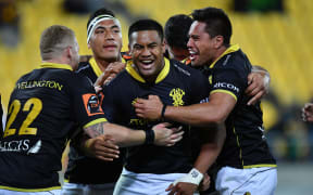 Lions Julian Savea celebrates a try with team mates