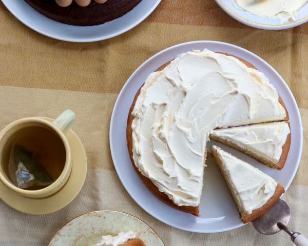 An aerial shot of a vanilla vegan cake