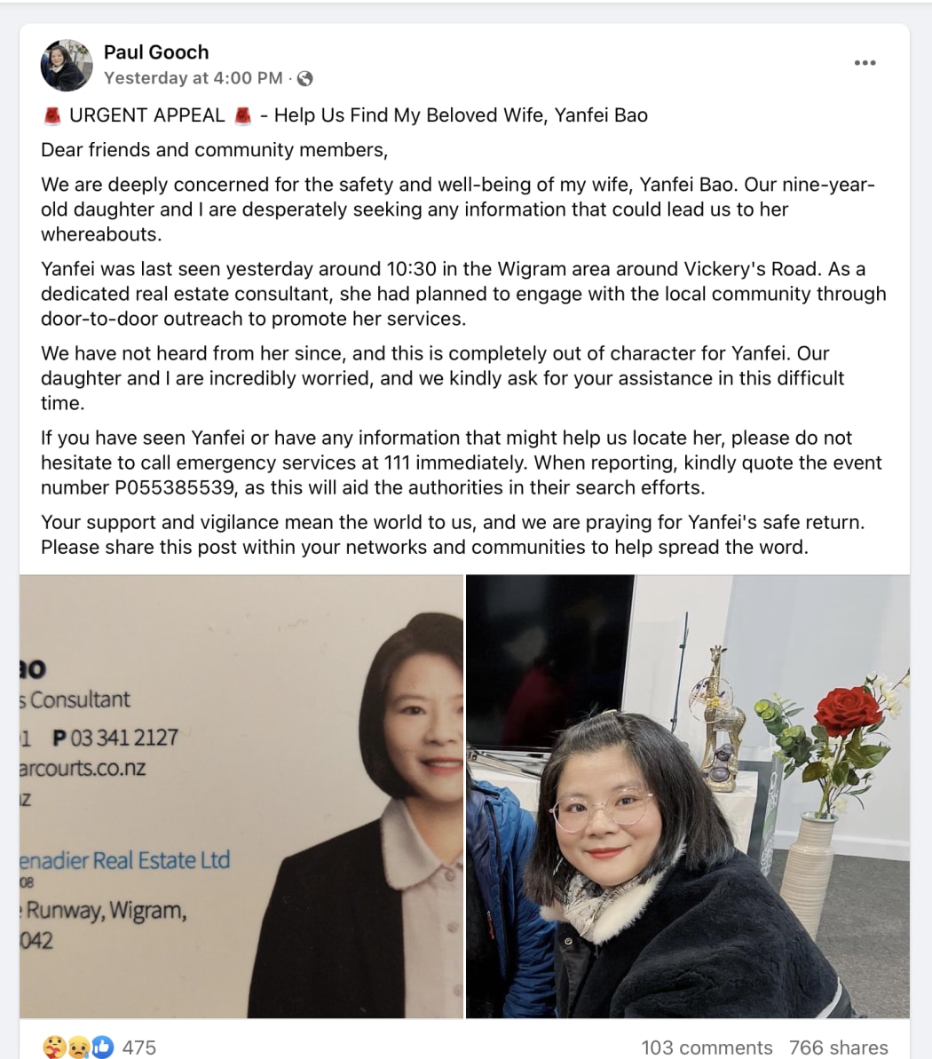 Statement by Yanfei Bao's husband Paul Gooch on Facebook.