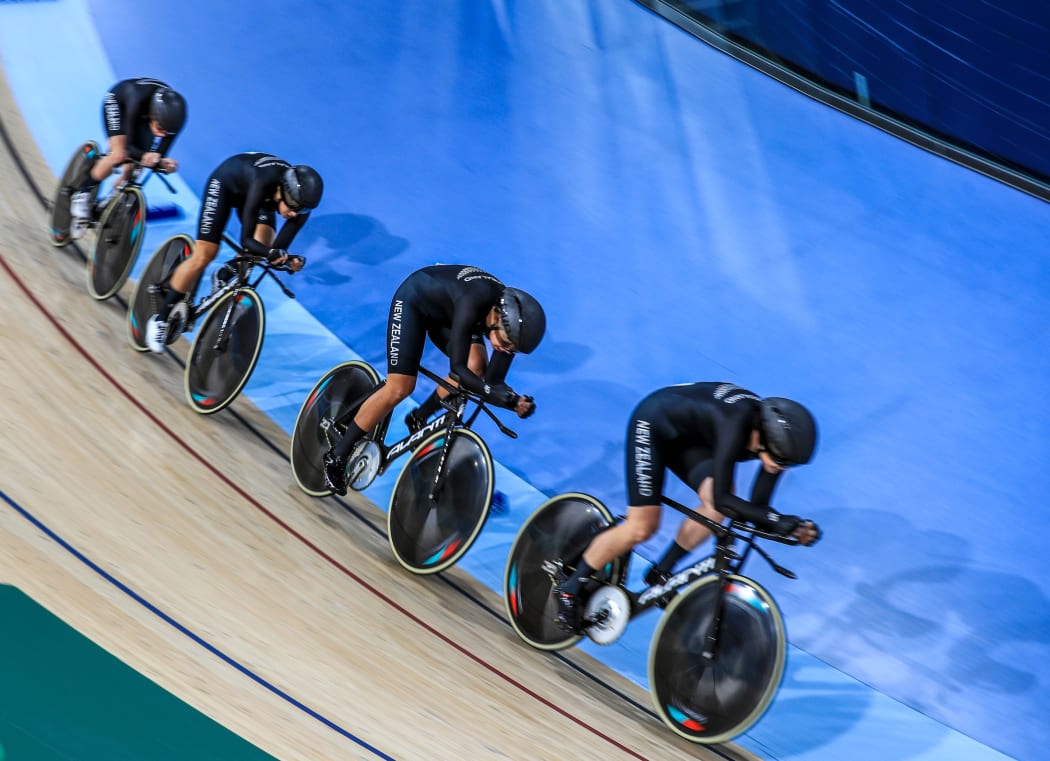 Womens 4000m pursuit team win silver int eh final against Australia. Track Cycling, Anna Meares Arena, Commonwealth Games, Gold Coast, Australia. Thursday 5 April, 2018. Copyright photo: John Cowpland / www.photosport.nz
