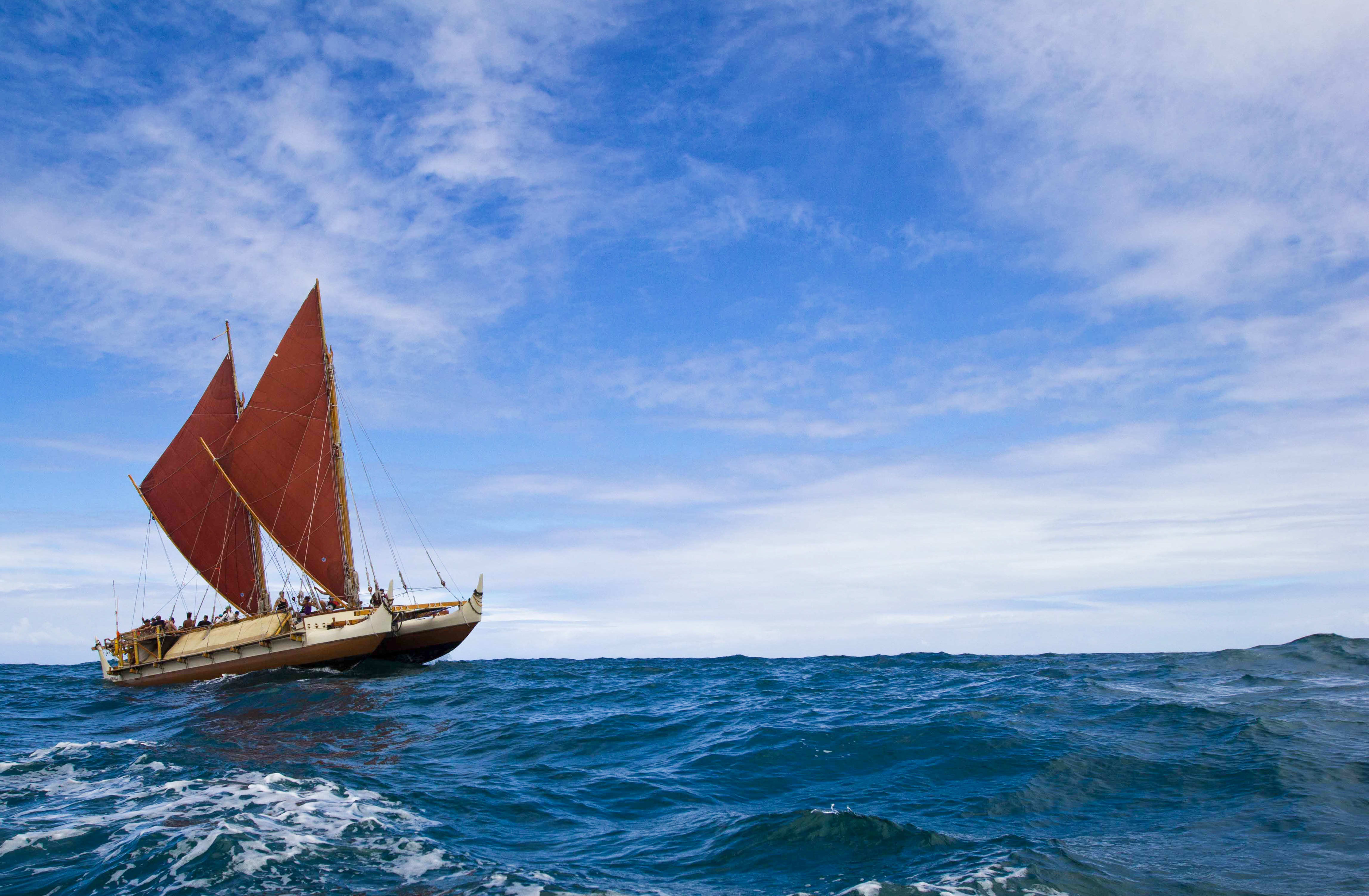 The Hawaiian voyaging canoe, Hōkūle'a, set out on a trip around the world in 2013 to promote traditional sailing techniques and marine conservation.