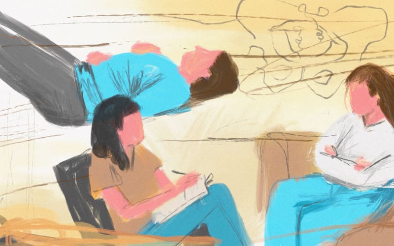Stylised llustration of people talking and another laying down. Pelvis outline in background.