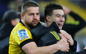 Hurricanes Dane Coles & Jackson Garden-Bachop await the final whistle during the Hurricanes v Blues Super Rugby Aotearoa match at Sky Stadium on Saturday the 18th of July 2020. Copyright Photo by Grant Down / photosport.nz