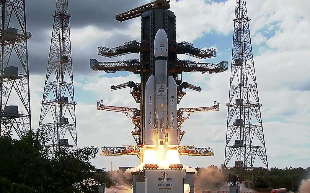 This screen grab made from video footage from ISRO via AFPTV taken on July 14, 2023 shows an Indian Space Research Organisation rocket carrying the Chandrayaan-3 spacecraft lifting off from the Satish Dhawan Space Centre in Sriharikota.