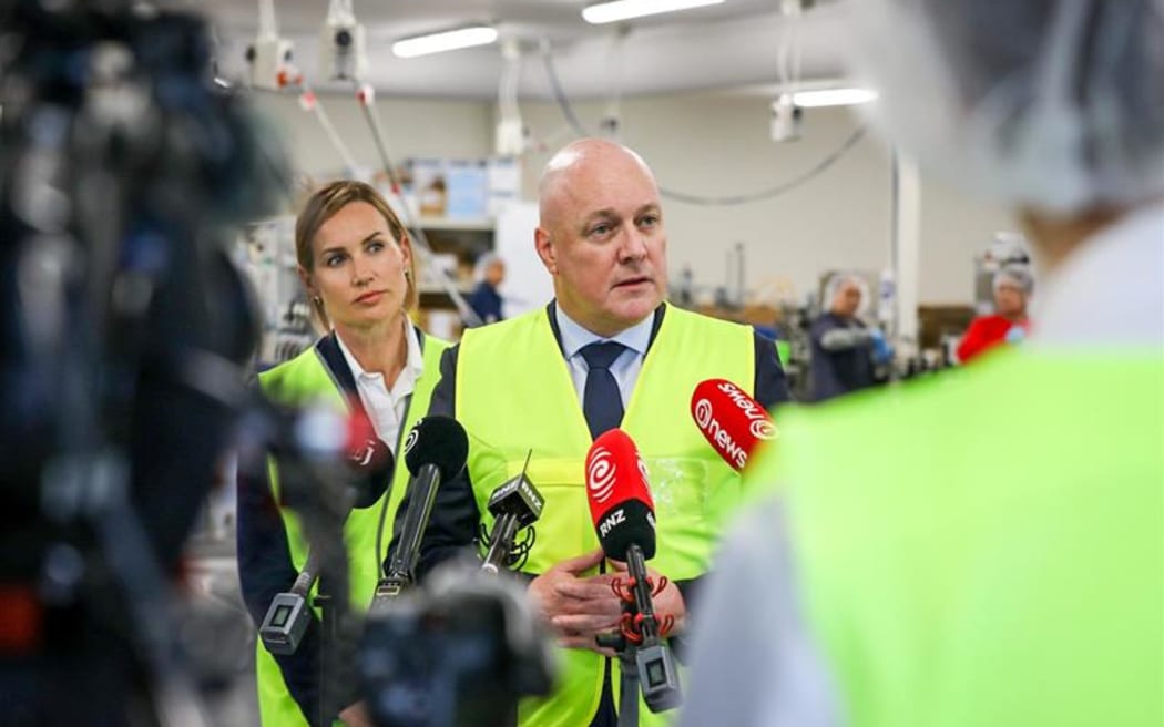 Prime Minister Christopher Luxon speaks to media at Lanocorp following US President Donald Trump's tariff announcement on New Zealand.