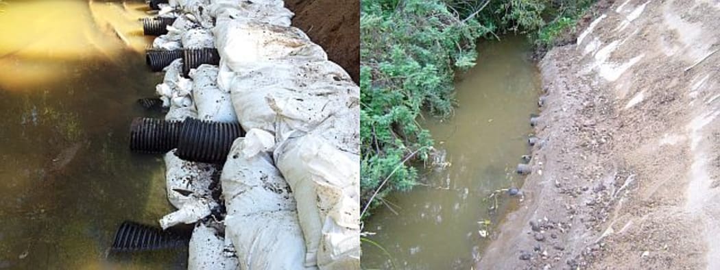 The tuna townhouses are u-shaped flexible pipes sandwiched between sandbags. Once they are covered in dirt (right) they form part of the stream bank.