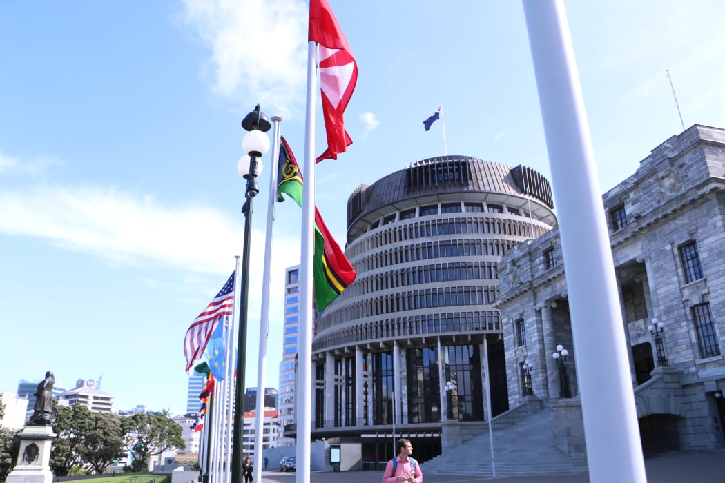 Pacific flags flying outside the New Zealand Parliament building in Wellington.