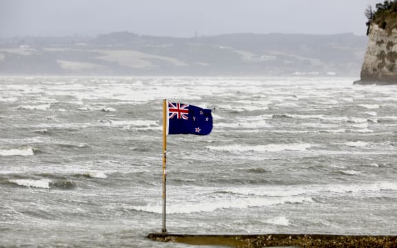 Auckland's Eastern Beach during Cyclone Tam. Huge waves, weather generic.