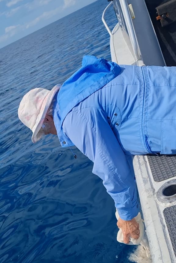 A woman scatterers human ashes from a boat.