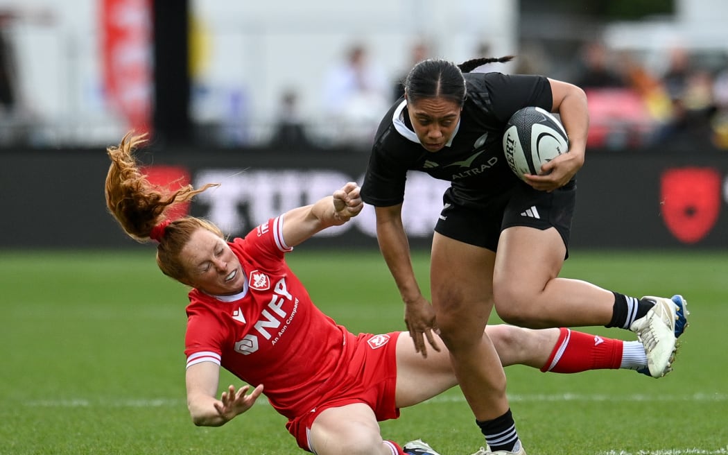 Logo-i-Pulotu Lemapu-Atai'i Sylvia Brunt of the Black Ferns fends off Alexandra Tessier of Canada during the womens rugby match, New Zealand Black Ferns  v Canada at Apollo Projects Stadium, Christchurch, New Zealand, 17th May 2025.