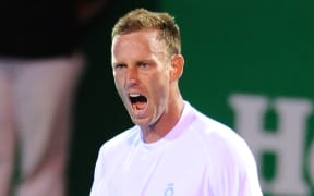 Michael Venus celebrates his win over Alejandro Gonzalez in Auckland, 2015.