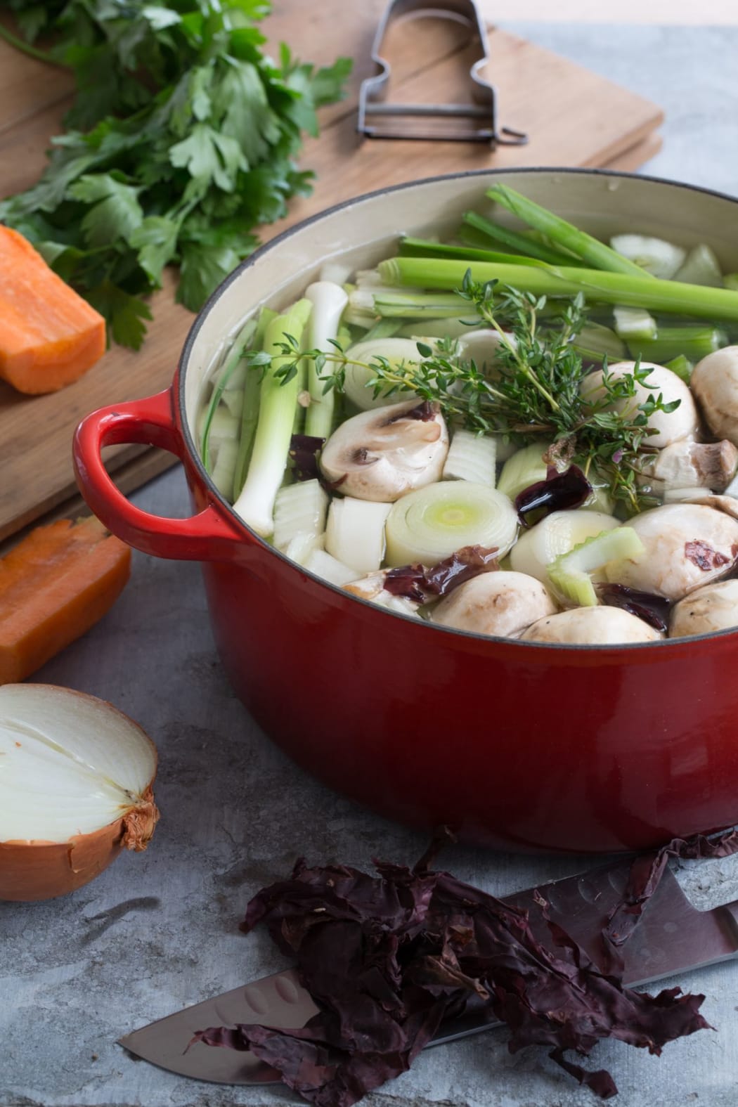 Kitchen Scraps - Veggie Broths and Stocks and a miso shitake ginger broth.