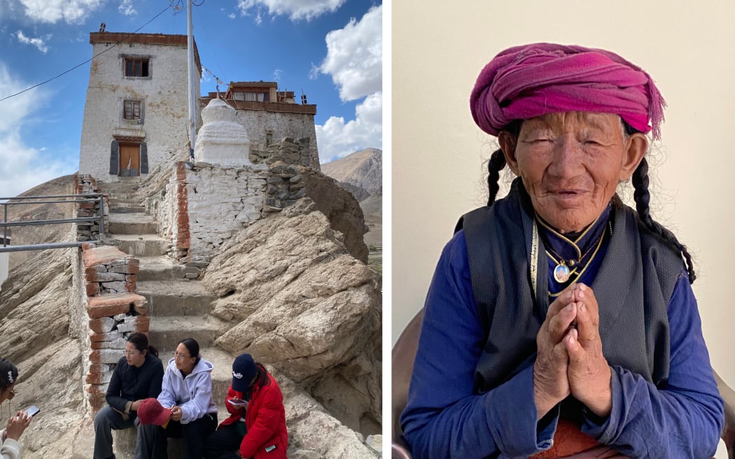A composite image showing stone steps to a monastery on the left, and an old woman with her hands clasped on the right.