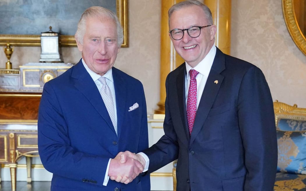 Britain's King Charles III receives Australia's Prime Minister Anthony Albanese during an audience at Buckingham Palace in central London on May 2, 2023. (Photo by Jonathan Brady / POOL / AFP)