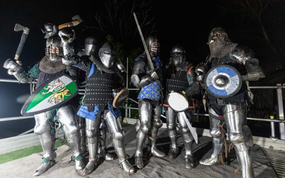 Knights of Auckland's Dreadnoughts Medieval Combat prepare for buhurt battle.